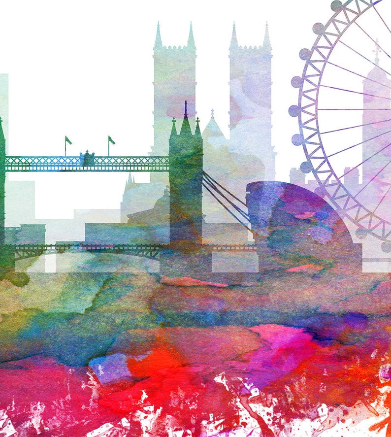 May include: Watercolor painting of the London skyline, featuring the London Eye, Big Ben, and Tower Bridge. The painting is done in shades of blue, green, pink, and red.