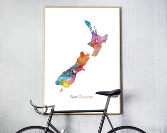 Impression de carte de la Nouvelle-Zélande, affiche de la Nouvelle-Zélande, Art mural de la Nouvelle-Zélande, carte aquarelle de la Nouvelle-Zélande, décor à la maison, affiche de voyage Art imprimable numérique