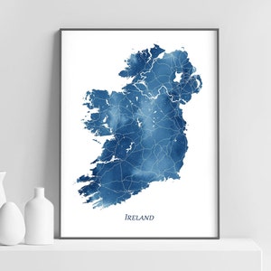 Irland Karte Print, Irland blau Aquarell Karte Kunst Poster, moderne Wandkunst, Irland Karte Silhouette, Geschenk, Home Office Decor, druckbare Kunst