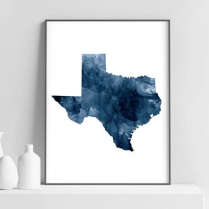 Impression de carte de l'état du Texas, silhouette de carte du Texas bleu marine aquarelle, art mural moderne, affiche d'art de l'état des états-unis, décor de bureau à domicile, art imprimable