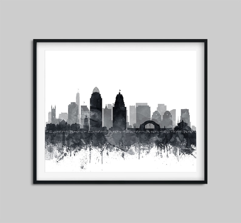 Cincinnati Skyline Print, Cincinnati City Wall Art, Cincinnati Ohio, Aquarelle Gris Noir Blanc, Modern Home Decor, Travel, Printable Art image 4