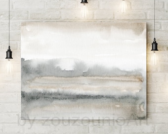 Pode incluir: Pintura abstrata em aquarela com tons de cinza, marrom e branco. A pintura apresenta uma faixa horizontal de marrom claro, seguida de uma faixa de cinza escuro e depois uma faixa de cinza claro. O fundo é um branco claro.