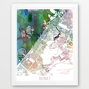 May include: A framed watercolor map of Dubai, featuring a colorful gradient of blues, greens, and reds. The city's layout is detailed with streets and landmarks, and the word "DUBAI" is printed at the bottom in a matching color gradient.