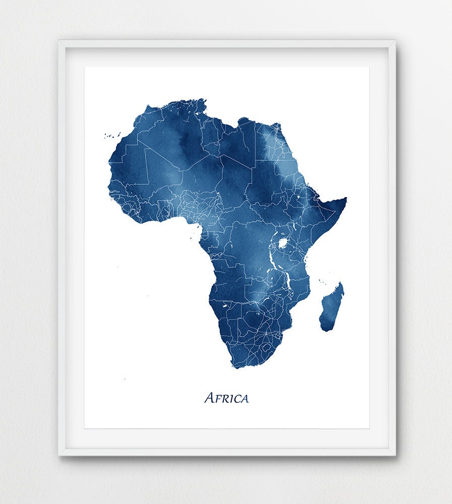 Africa Map Art Print Africa Map Wall Art Blue Watercolor | Etsy
