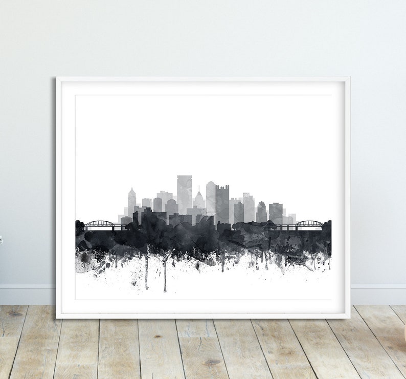 Pittsburgh Skyline Print, Pittsburgh Wall Art, Pennsylvania, Watercolor Grey Black White Poster, Modern Home Decor, Travel, Printable Art image 1