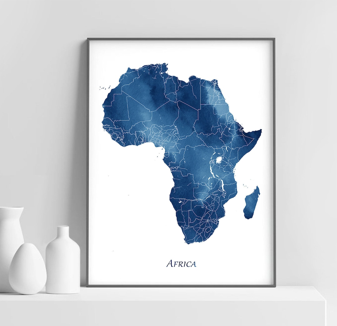 Africa Map Art Print, Africa Map Wall Art, Blue Watercolor Africa Map