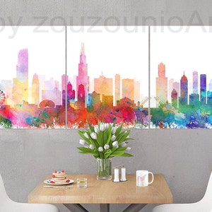 Chicago Print, Chicago Skyline Watercolor Set of 3, Triptych Cityscape Chicago Illinois, Modern Wall Art, Home Office Decor, Printable Art