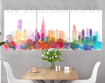 Chicago Print, Chicago Skyline Watercolor Set of 3, Triptych Cityscape Chicago Illinois, Modern Wall Art, Home Office Decor, Printable Art