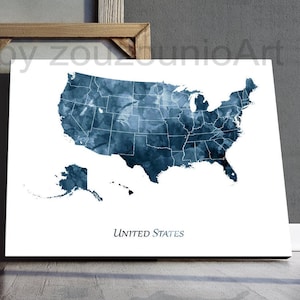 Impressão de arte de mapa dos Estados Unidos, decoração de mapa dos EUA, arte de parede dos Estados Unidos, pôster de mapa em aquarela azul marinho dos EUA, decoração de escritório doméstico, arte para impressão
