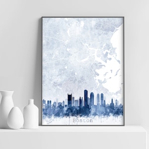 Boston Kaart Skyline Print, Cityscape Street Map Print, Abstract Aquarel Marineblauw, Moderne Kunst aan de Muur, Home Office Decor, Digitale Printable