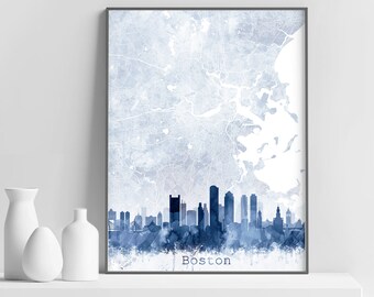 Boston Map Skyline Print, Cityscape Street Map Print, Abstract Watercolor Navy Blue, Modern Wall Art, Home Office Decor, Digital Printable