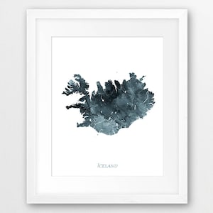 Island Karte Print, Island Aquarell Karte, Island Wandkunst, Island Aquarell Grau Indigo Blau, Wohnkultur, Reise Poster, druckbare Kunst