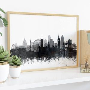 London Skyline Print, London Watercolor Black White Art Poster, London England Cityscape, Modern Wall Art, Home Office Decor, Printable Art