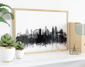 London Skyline Print, London Watercolor Black White Art Poster, London England Cityscape, Modern Wall Art, Home Office Decor, Printable Art