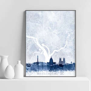 Washington DC Kaart Skyline Print, Cityscape Street Map Print, Abstract Aquarel Marineblauw, Moderne Kunst aan de Muur, Home Office Decor, Afdrukbaar