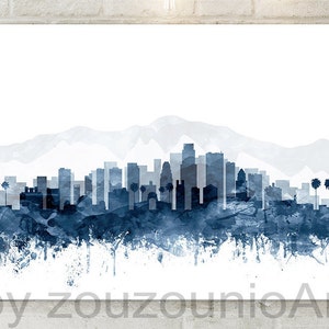 Los Angeles Print, Los Angeles Skyline Art Poster, Navy Blue Watercolor, California Cityscape, Modern Wall Art, Home Office Decor, Printable