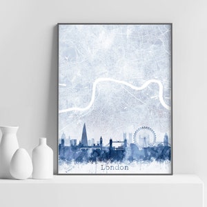 Impressão do horizonte do mapa de Londres, impressão do mapa de ruas da paisagem urbana, aquarela abstrata azul marinho, arte moderna de parede, decoração de escritório doméstico, impressão digital