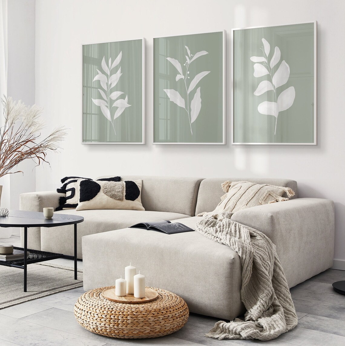 Sage Green White Wall Art Prints, Botanical Art, Set of 3 Prints ...