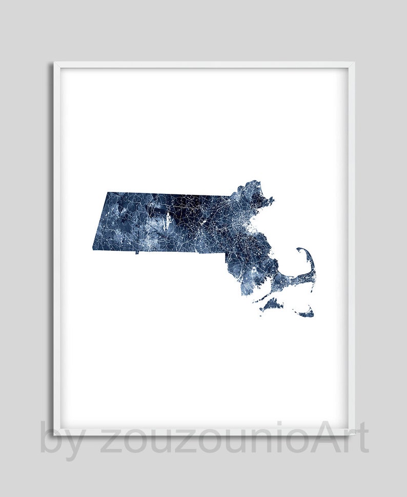 Home Decor Printable Art USA State Road Map Poster Modern Wall Art Watercolor Navy Blue Massachusetts Map Massachusetts State Map Print