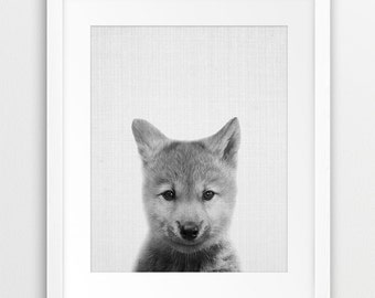 Wolf Print, Woodlands Nursery Animal Wall Art, Wolf Cub Photo, Baby Animal, Grey Black White Animal Print, Kids Room Decor, Printable Art