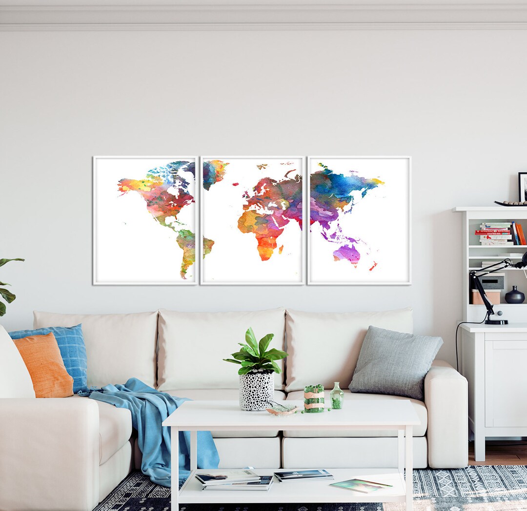 World Map Watercolor Print, Watercolor World Map Set of 3, World Map ...