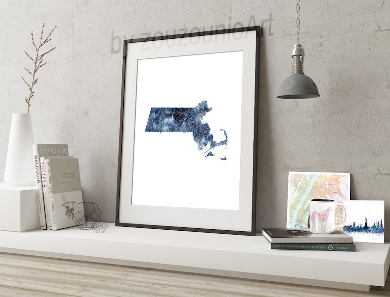 Home Decor Printable Art USA State Road Map Poster Modern Wall Art Watercolor Navy Blue Massachusetts Map Massachusetts State Map Print