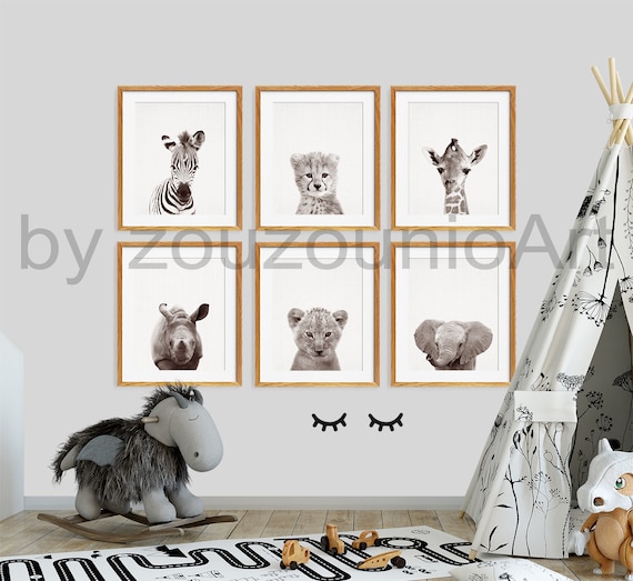 Safari Nursery Decor, Baby Animals Set 6, Safari Animal Prints, Nursery Wall Art, Gender Neutral Nursery, Sepia Animals, Kids Room Printable