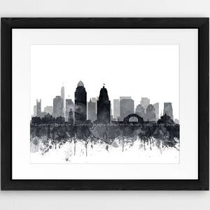 Cincinnati Skyline Print, Cincinnati City Wall Art, Cincinnati Ohio, Watercolor Grey Black White, Modern Home Decor, Travel, Printable Art image 6