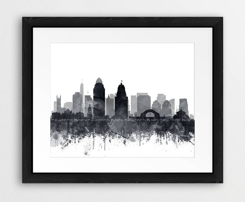 Cincinnati Skyline Print, Cincinnati City Wall Art, Cincinnati Ohio, Aquarelle Gris Noir Blanc, Modern Home Decor, Travel, Printable Art image 6
