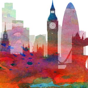 Puede incluir: Pintura de acuarela del horizonte de Londres, con el Big Ben, el Tower Bridge y otros monumentos emblem&aacute;ticos. La pintura est&aacute; realizada en tonos rojos, azules y verdes.