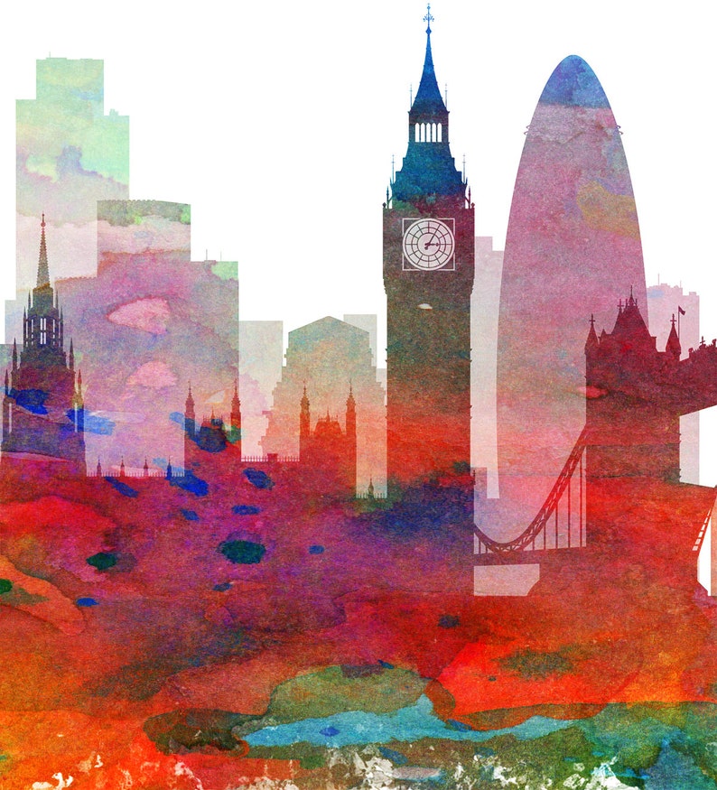 Puede incluir: Pintura de acuarela del horizonte de Londres, con el Big Ben, el Tower Bridge y otros monumentos emblem&aacute;ticos. La pintura est&aacute; realizada en tonos rojos, azules y verdes.
