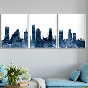 Houston Skyline Set of 3 Print, Houston Triptych Watercolor Navy Blue, Houston Cityscape Poster, Modern Wall Art, Home Decor, Printable Art
