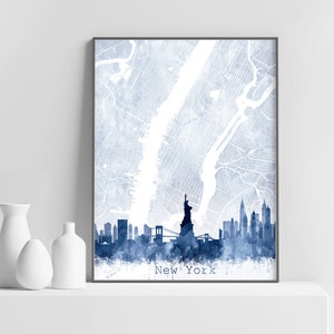 New York Kaart Skyline Print, Cityscape Street Map Print, Abstracte Aquarel Marineblauw, Moderne Kunst aan de muur, Home Office Decor, Digitaal Afdrukbaar
