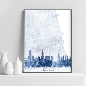 Chicago Map Skyline Print, Cityscape Street Map Poster, Aquarelle abstraite bleu marine, Art mural moderne, Décor de bureau à domicile, Imprimable numérique