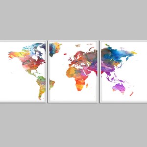 World Map Watercolor Print, Watercolor World Map Set of 3, World Map ...