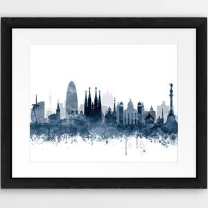 Barcelona Print, Barcelona Skyline Wall Decor, Watercolor Cityscape Barcelona Spain Poster, Navy Blue White, Home Office Decor Printable Art image 7