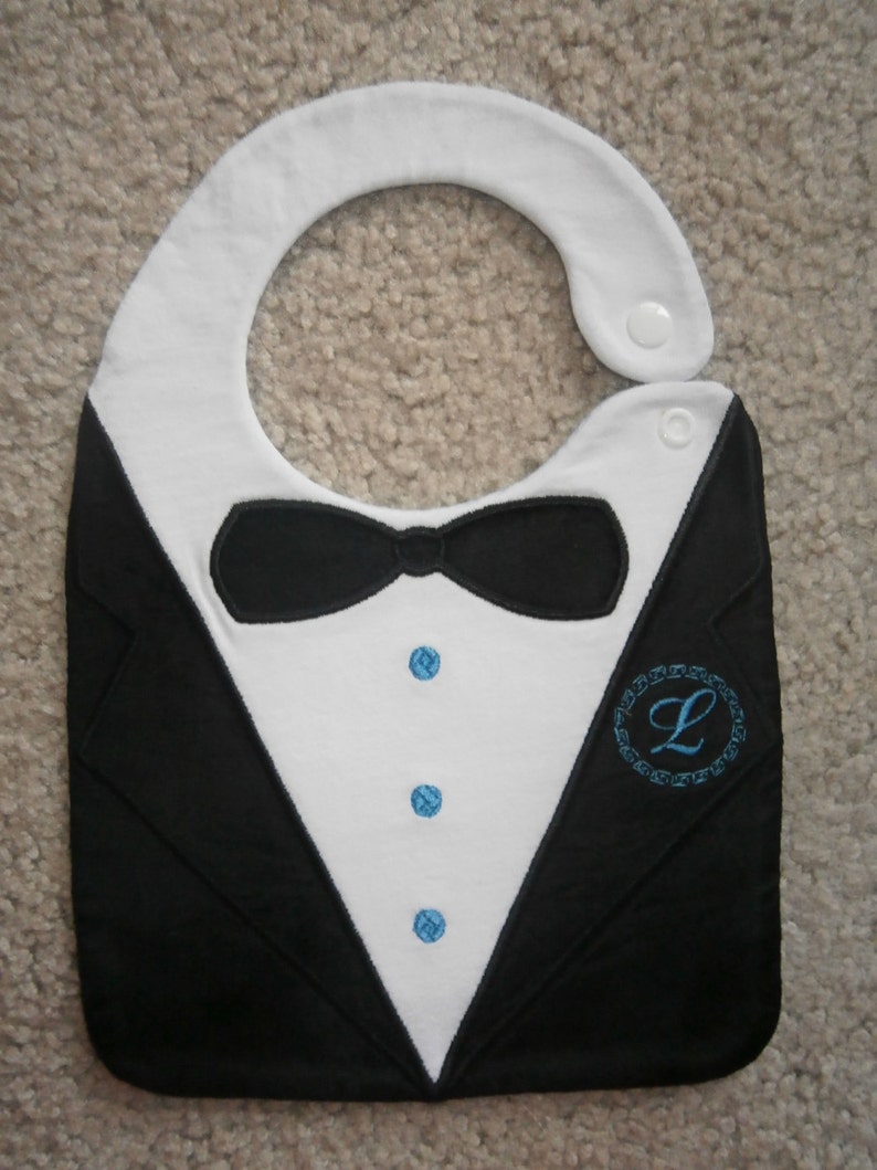 ITH Tuxedo Applique Bib Embroidery Design for large hoops 200260mm, 200300mm, 200360mm and 180300mm or larger with 6 monogram frames image 1