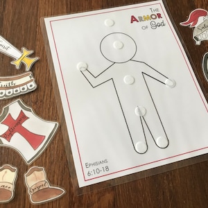 May include: A printable activity for children to learn about the Armor of God. The image shows a stick figure with blank circles where children can place the armor pieces. The armor pieces include a helmet, shield, breastplate, belt, shoes, and sword. The text "The Armor of God" and "Ephesians 6:10-18" are included on the page.