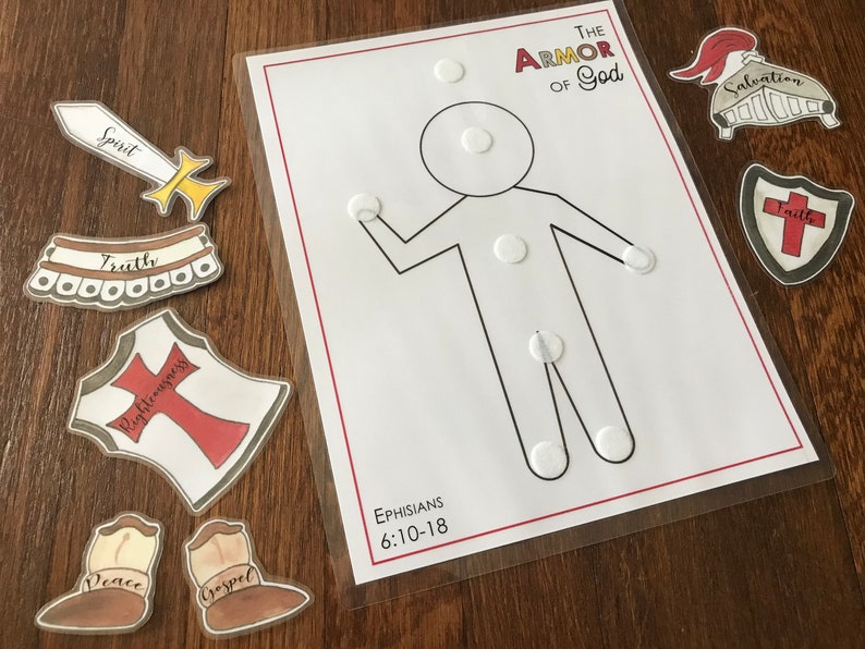 May include: A printable activity for children to learn about the Armor of God. The image shows a stick figure with blank circles where children can place the armor pieces. The armor pieces include a helmet, shield, breastplate, belt, shoes, and sword. The text "The Armor of God" and "Ephesians 6:10-18" are included on the page.