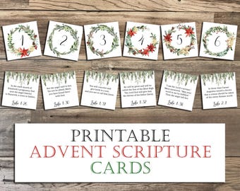 24 Advent Scripture Cards Calendar - Christmas Countdown - Christmas Story - 3x3 Printable - Watercolor, Floral - DIGITAL DOWNLOAD