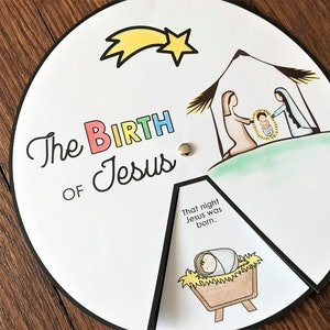 Birth of Jesus Coloring Wheel, Printable Nativity Christmas Activity, Watercolor, Kids Bible Lesson, Memory Game, Sunday School