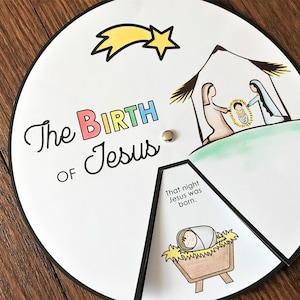 May include: A circular illustration depicting the Nativity. The words "The Birth of Jesus" are written in colourful letters. The image includes a star, a stable, and a baby in a manger. The text "That night Jesus was born" is also present.