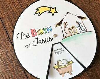 Birth of Jesus Coloring Wheel, Printable Nativity Christmas Activity, Watercolor, Kids Bible Lesson, Memory Game, Sunday School