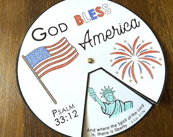 July 4th Scriptures Coloring Wheel, America Freedom, Printable Bible Activity, Kids Bible Lesson, Memory Game, Sunday School