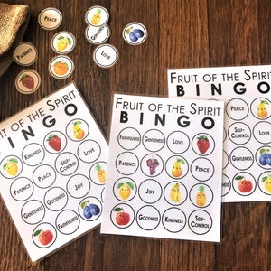 Fruit of the Spirit BINGO-spel, Pinksteren, afdrukbaar, Galaten 5:22, religieus spel, educatieve activiteit, thuisschoolspel, zondagsschool