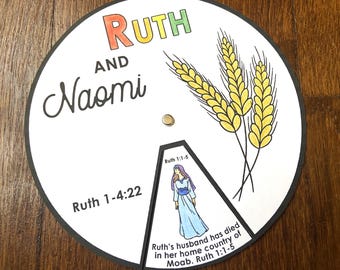 May include: A colorful spinning wheel with the words "Ruth and Naomi" and the Bible verse "Ruth 1-4:22". The wheel also features a drawing of a woman in a blue dress and the text "Ruth's husband has died in her home country of Moab. Ruth 1:1-5".