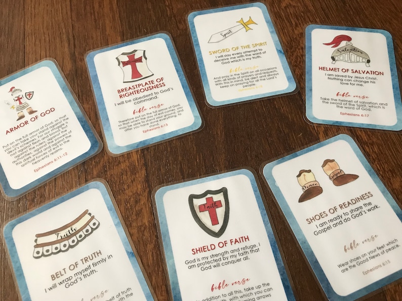 May include: A set of 10 colorful cards with illustrations of armor and weapons. Each card has a title, a bible verse, and a description of the armor piece. The cards are designed to help people understand the spiritual armor of God.