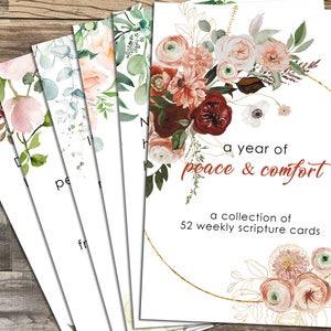Tarjetas de las Escrituras de un año de paz y consuelo - Conjunto de 52 - Imprimible 4x6 - Acuarela, Floral - DESCARGA DIGITAL