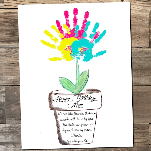 Mom's Birthday Handprint Craft, Flower Pot - Personalize with child's prints - 8.5x11 & 11x14 size - printable digital file