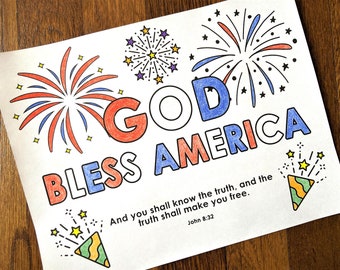 4th of July Scripture Coloring Page, God Bless America John 8:32, Printable Bible Activity, Memory Game, Sunday School